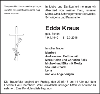 Traueranzeige von Edda Kraus von Trauerportal Rhein Main Presse