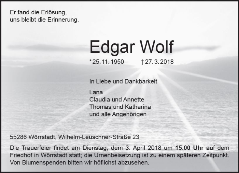  Traueranzeige für Edgar Wolf vom 31.03.2018 aus Trauerportal Rhein Main Presse