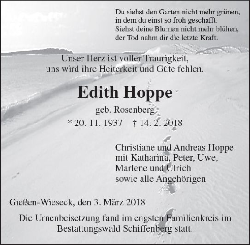  Traueranzeige für Edith Hoppe vom 03.03.2018 aus  Gießener Anzeiger