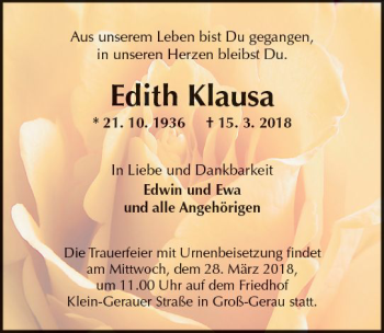 Traueranzeige von Edith Klausa von Trauerportal Rhein Main Presse