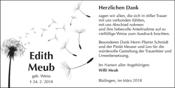 Traueranzeige von Edith Meub von  Kreisanzeiger