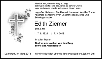 Traueranzeige von Edith Ziemer von Trauerportal Rhein Main Presse