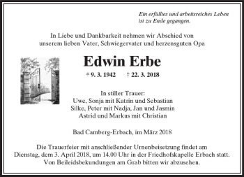 Traueranzeige von Edwin Erbe von  Camberger Anzeiger