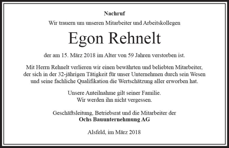  Traueranzeige für Egon Rehnelt vom 17.03.2018 aus VRM Trauer