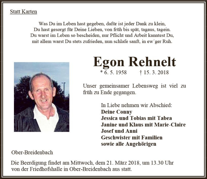  Traueranzeige für Egon Rehnelt vom 17.03.2018 aus VRM Trauer
