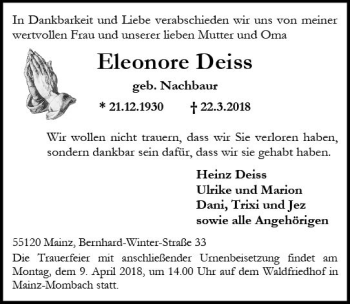 Traueranzeige von Eleonore Deiss von Trauerportal Rhein Main Presse