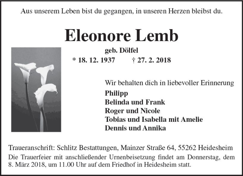  Traueranzeige für Eleonore Lemb vom 03.03.2018 aus Trauerportal Rhein Main Presse