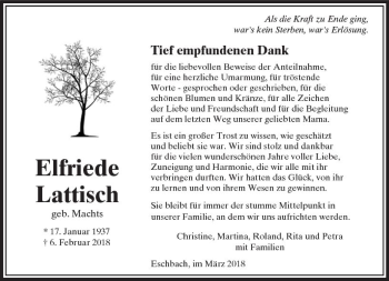 Traueranzeige von Elfriede Lattisch von  Usinger Anzeiger