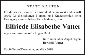 Traueranzeige von Elfriede Elisabethe Vatter von Trauerportal Rhein Main Presse