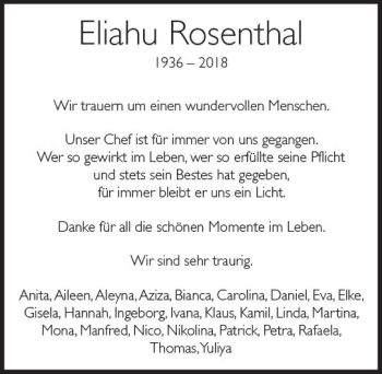 Traueranzeige von Eliahu Rosenthal von Trauerportal Rhein Main Presse