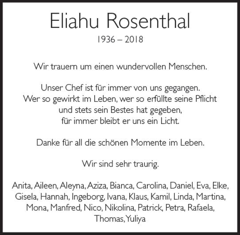  Traueranzeige für Eliahu Rosenthal vom 20.03.2018 aus Trauerportal Rhein Main Presse