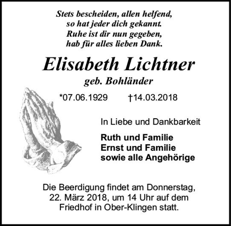  Traueranzeige für Elisabeth Lichtner vom 20.03.2018 aus Trauerportal Rhein Main Presse