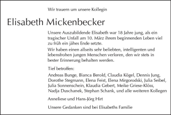 Traueranzeige von Elisabeth Mickenbecker von Trauerportal Rhein Main Presse