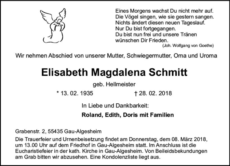  Traueranzeige für Elisabeth Schmitt vom 03.03.2018 aus Trauerportal Rhein Main Presse