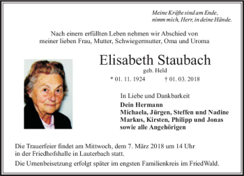 Traueranzeige von Elisabeth Staubach von VRM Trauer