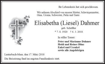 Traueranzeige von Elisabetha Dahmer von VRM Trauer