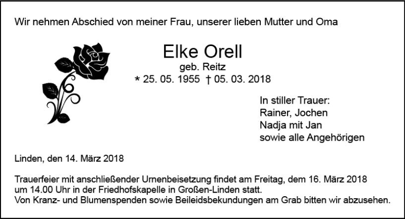  Traueranzeige für Elke Orell vom 14.03.2018 aus  Gießener Anzeiger