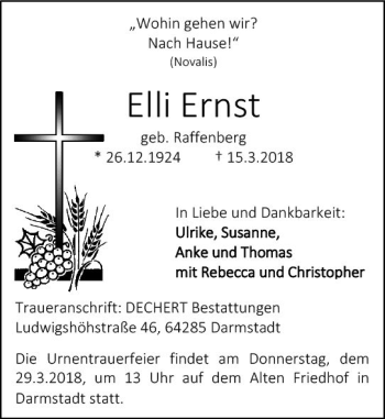 Traueranzeige von Elli Ernst von Trauerportal Rhein Main Presse