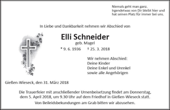 Traueranzeige von Elli Schneider von  Gießener Anzeiger