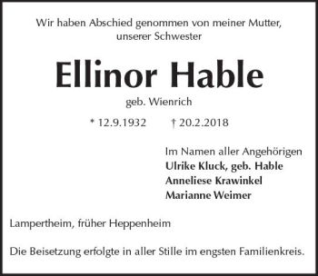 Traueranzeige von Ellinor Hable von Trauerportal Rhein Main Presse