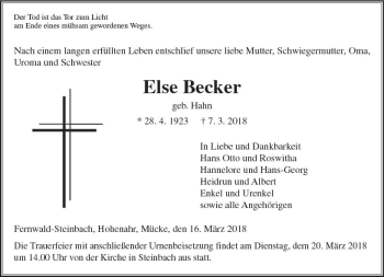Traueranzeige von Else Becker von  Gießener Anzeiger