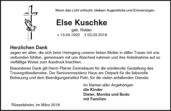 Traueranzeige von Else Kuschke von Trauerportal Rhein Main Presse