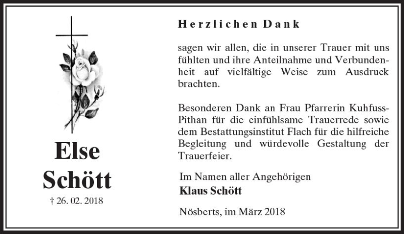  Traueranzeige für Else Schött vom 31.03.2018 aus VRM Trauer