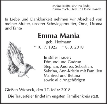 Traueranzeige von Emma Mania von  Gießener Anzeiger
