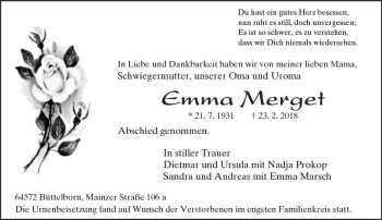 Traueranzeige von Emma Merget von Trauerportal Rhein Main Presse