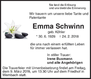 Traueranzeige von Emma Schwinn von Trauerportal Rhein Main Presse
