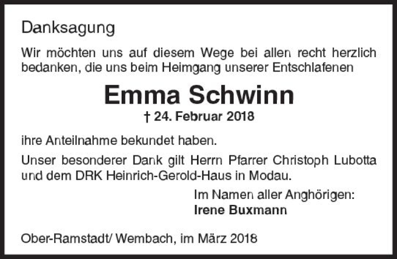  Traueranzeige für Emma Schwinn vom 24.03.2018 aus Trauerportal Rhein Main Presse