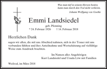 Traueranzeige von Emmi Landsiedel von  Usinger Anzeiger