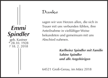 Traueranzeige von Emmi Spindler von Trauerportal Rhein Main Presse