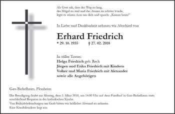 Traueranzeige von Erhard Friedrich von Trauerportal Rhein Main Presse