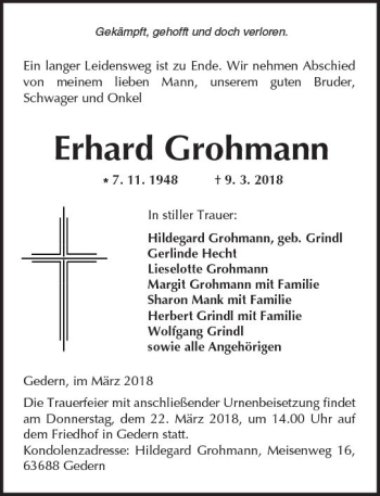 Traueranzeige von Erhard Grohmann von  Kreisanzeiger