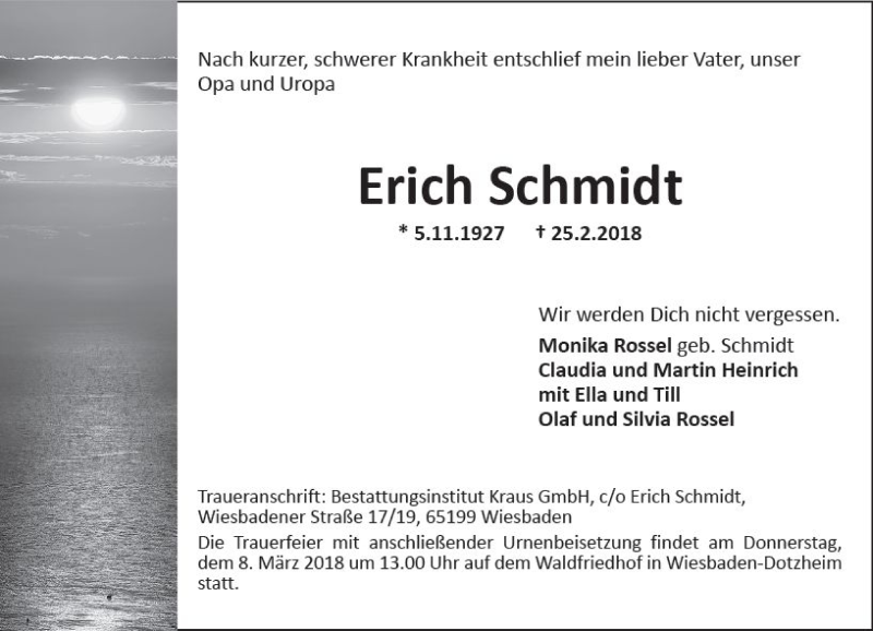  Traueranzeige für Erich Schmidt vom 03.03.2018 aus Trauerportal Rhein Main Presse