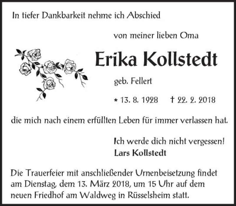 Traueranzeige für Erika Kollstedt vom 10.03.2018 aus Trauerportal Rhein Main Presse