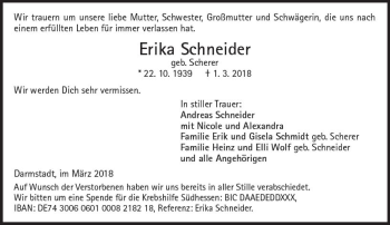 Traueranzeige von Erika Schneider von Trauerportal Rhein Main Presse