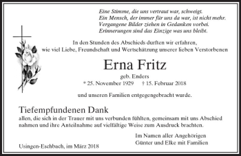 Traueranzeige von Erna Fritz von  Usinger Anzeiger