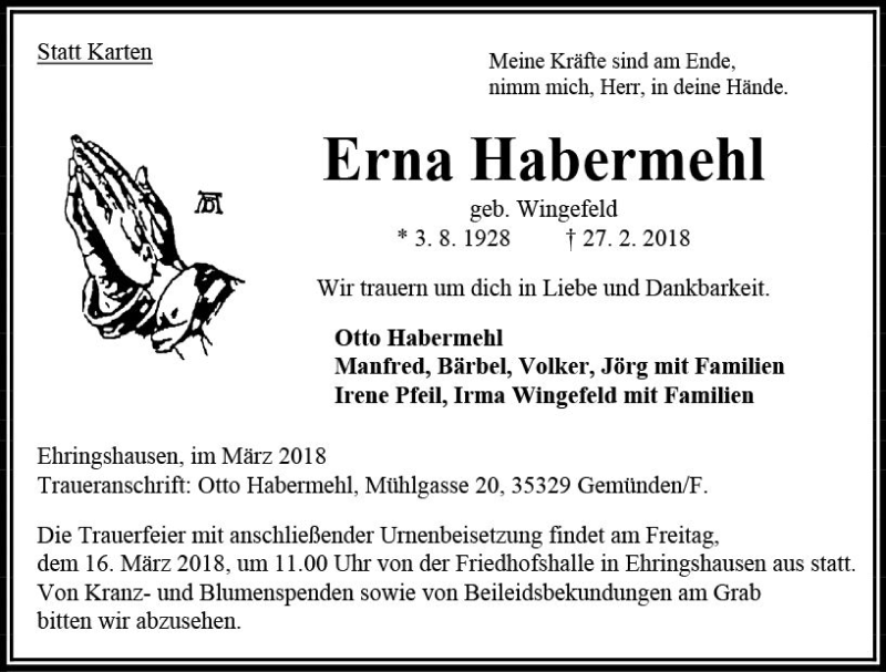  Traueranzeige für Erna Habermehl vom 13.03.2018 aus VRM Trauer
