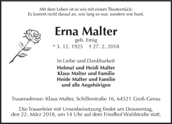 Traueranzeige von Erna Malter von Trauerportal Rhein Main Presse