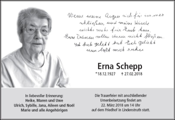 Traueranzeige von Erna Schepp von  Gießener Anzeiger