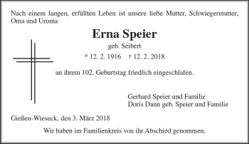 Traueranzeige von Erna Speier von  Gießener Anzeiger