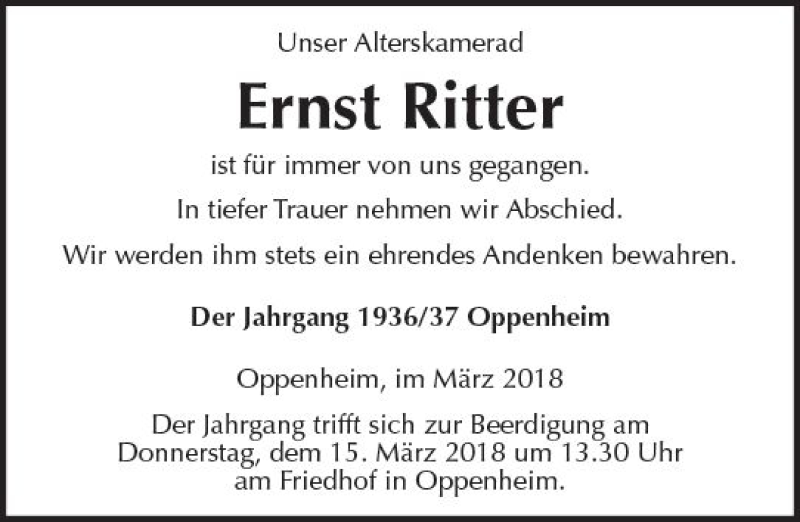  Traueranzeige für Ernst Ritter vom 10.03.2018 aus Trauerportal Rhein Main Presse