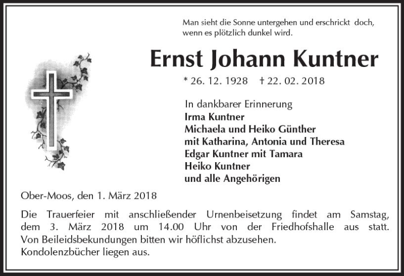  Traueranzeige für Ernst Johann Kuntner vom 01.03.2018 aus VRM Trauer