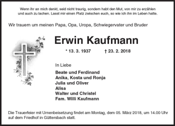 Traueranzeige von Erwin Kaufmann von Trauerportal Rhein Main Presse