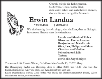 Traueranzeige von Erwin Landua von Trauerportal Rhein Main Presse