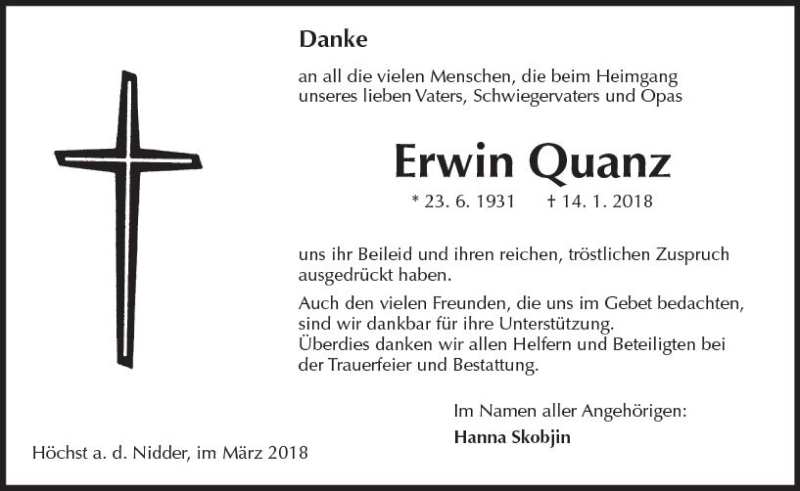  Traueranzeige für Erwin Quanz vom 03.03.2018 aus  Kreisanzeiger