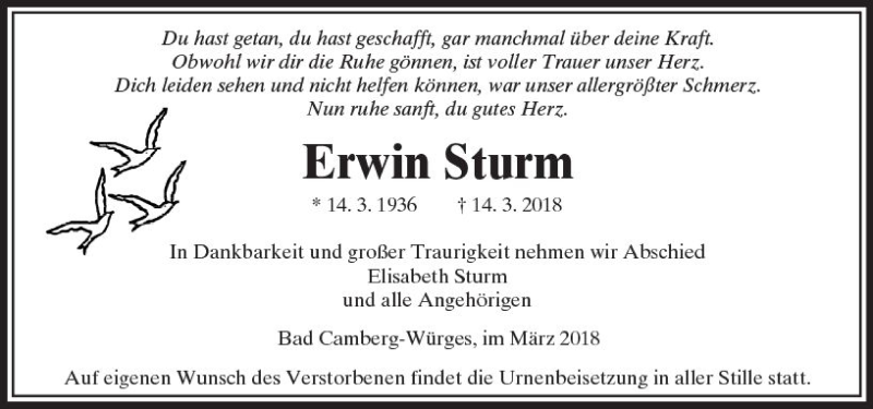  Traueranzeige für Erwin Sturm vom 22.03.2018 aus  Camberger Anzeiger