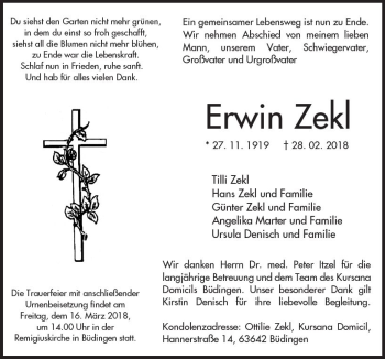 Traueranzeige von Erwin Zekl von  Kreisanzeiger